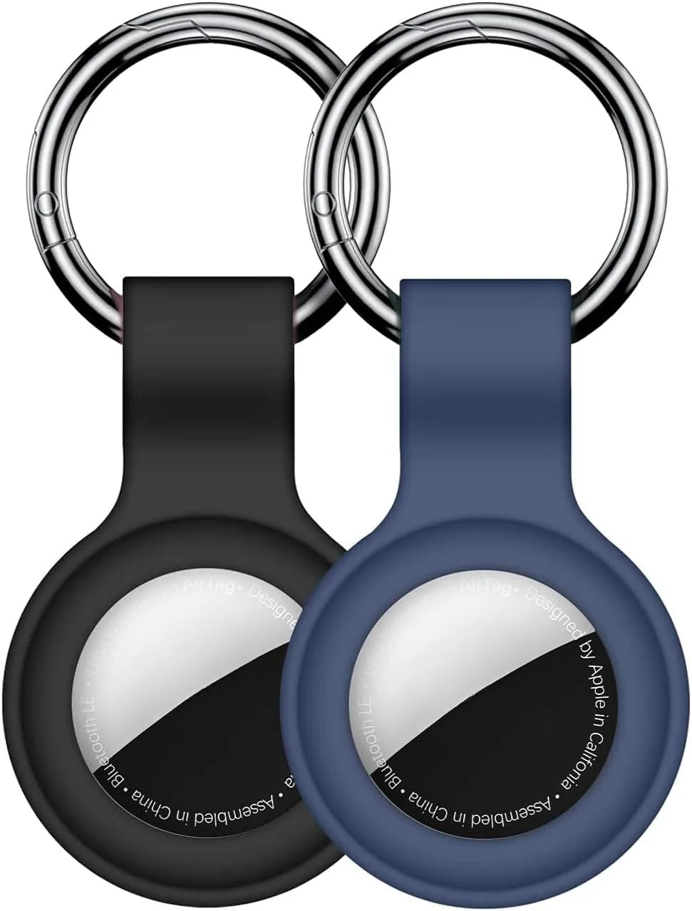 A silicone protective cover for an AirTag attached to a keychain ring.