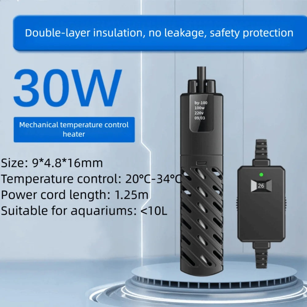 A black submersible aquarium heater with a power cord, showing its double-layer insulation and temperature control features.