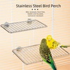 A stainless steel bird perch platform with a wire mesh grid, featuring a yellow bird perched on it.