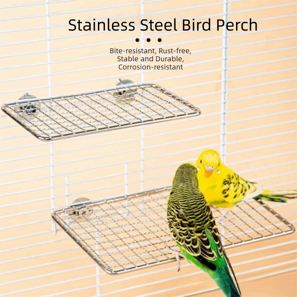 A stainless steel bird perch platform with a wire mesh grid, featuring a yellow bird perched on it.