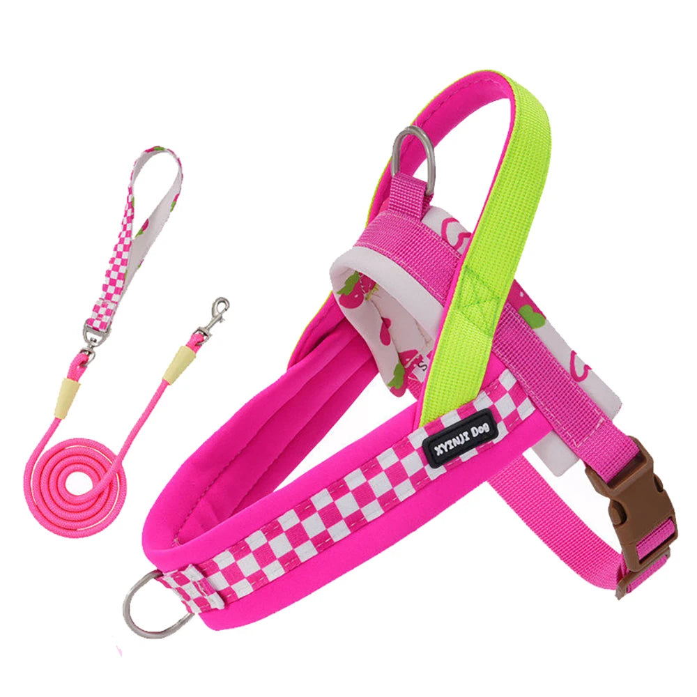 A bright pink dog harness and leash set with neon green accents and a checkered pattern.
