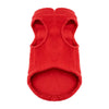 A bright red, fuzzy winter jacket for a dog, shown from the back.