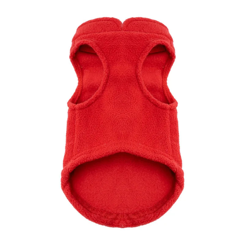 A bright red, fuzzy winter jacket for a dog, shown from the back.