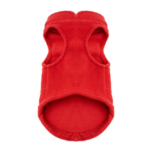 A bright red, fuzzy winter jacket for a dog, shown from the back.