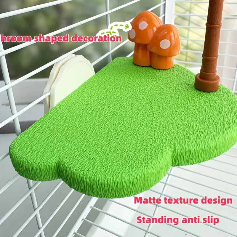 Green foam shaped decoration for a bird cage with a mushroom design and anti-slip texture