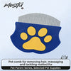 A blue pet comb with a yellow paw print design for removing hair and massaging fur.