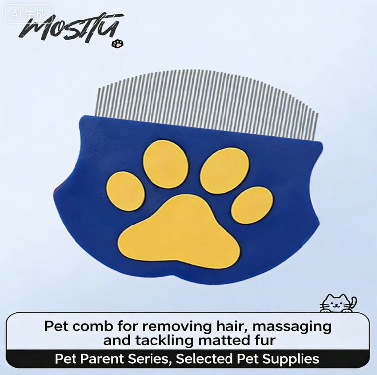 A blue pet comb with a yellow paw print design for removing hair and massaging fur.