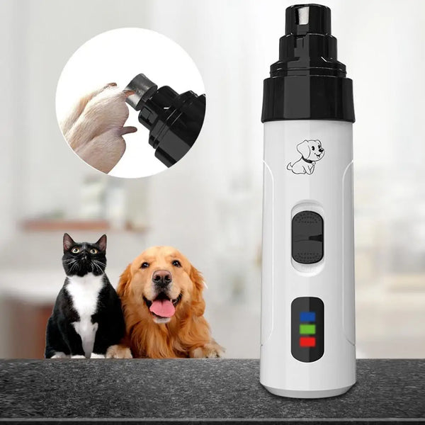 A white electric pet nail grinder with a black cap and a dog silhouette is shown next to a cat and a dog.