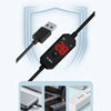 Calentador de tanque de peces USB negro con conector y cable, mostrado contra un fondo azul claro.