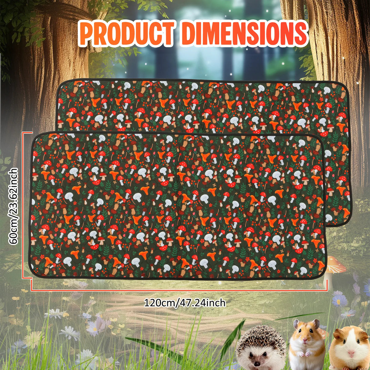 A rectangular reusable absorbent cage liner patterned with small animals and foliage, shown in a natural outdoor setting.