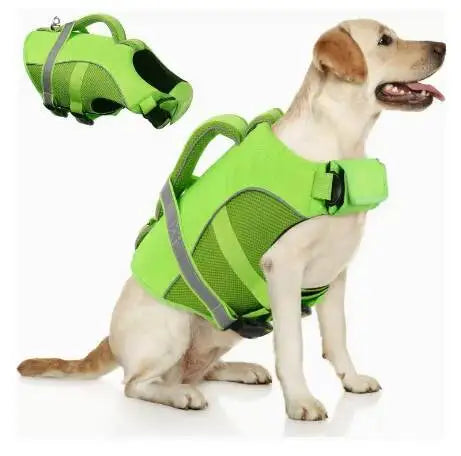 A yellow-green adjustable dog life jacket is shown next to a golden retriever.