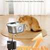 A fluffy orange cat is drinking water from a stainless steel cat water fountain with a smart sensor.