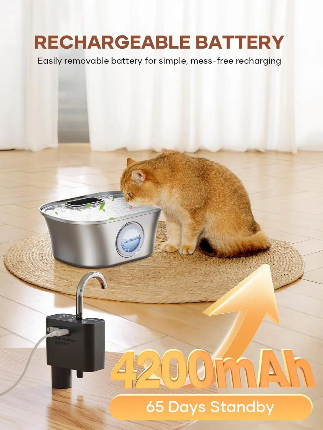 A fluffy orange cat is drinking water from a stainless steel cat water fountain with a smart sensor.