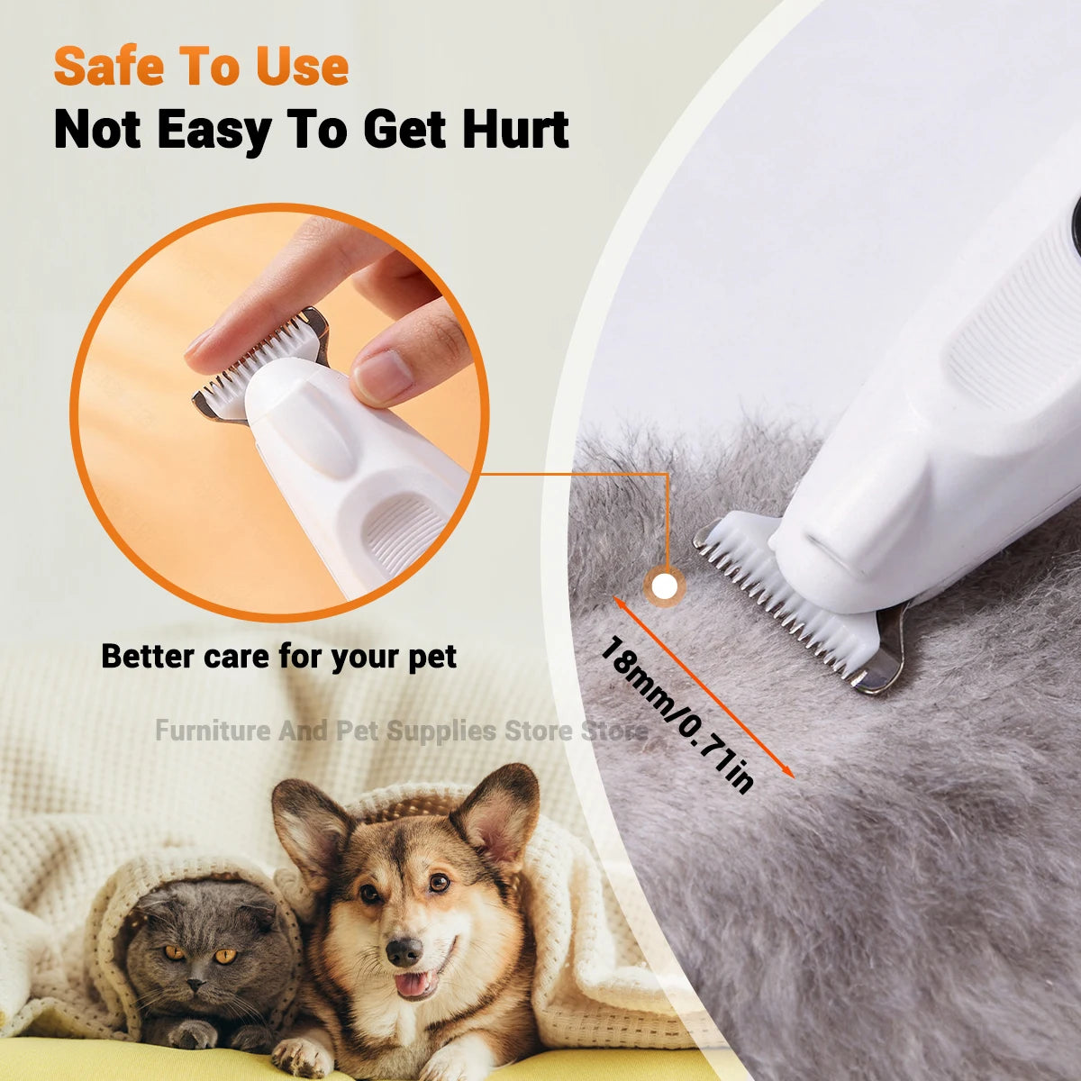Weißer Haartrimmer für Haustiere, gezeigt beim Pflegen einer Katze und eines Hundes.