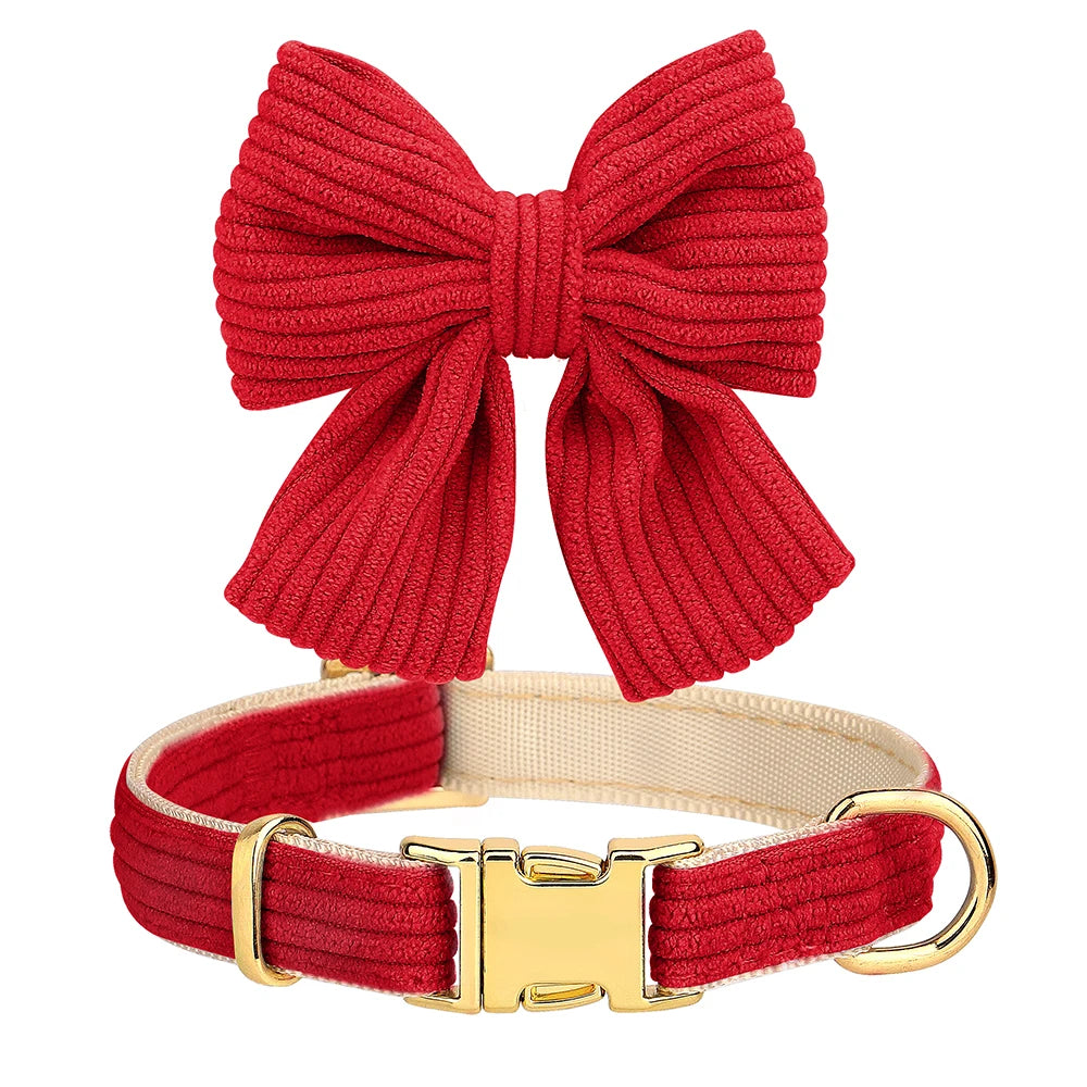 Red knitted bowknot dog harness collar and leash set