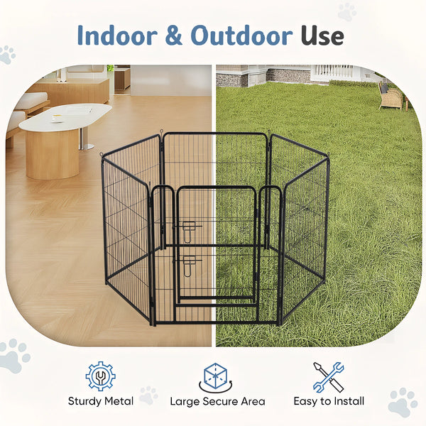 Black foldable metal pet playpen for dogs shown in indoor and outdoor settings.