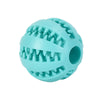 A light blue rubber ball with sharp teeth designed as an interactive treat dispenser for dogs.