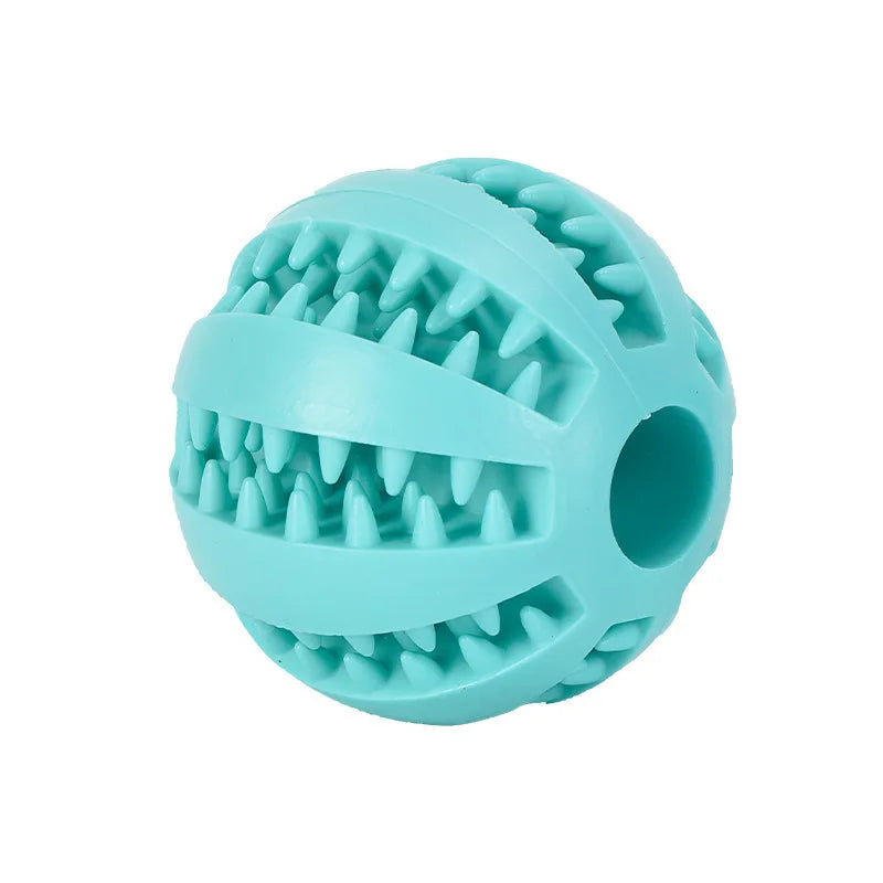 A light blue rubber ball with sharp teeth designed as an interactive treat dispenser for dogs.