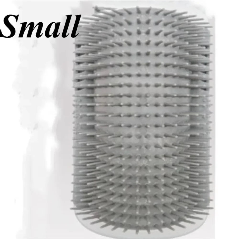 A close-up view of a gray multi-functional pet grooming comb and scratcher set with numerous teeth.