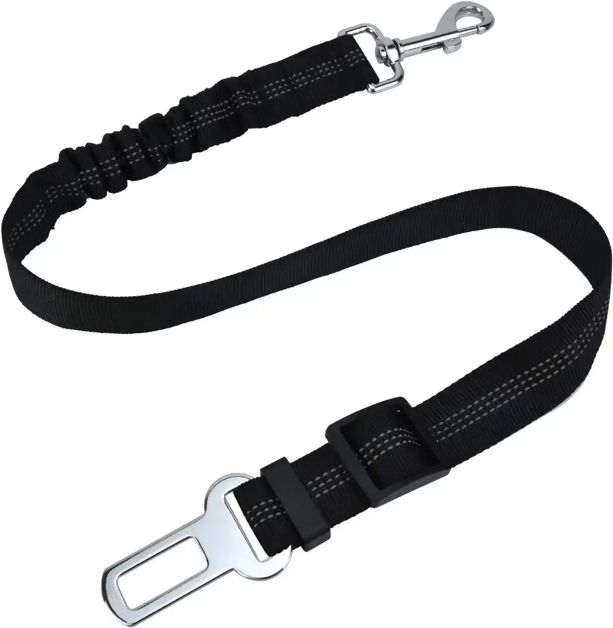 Black automatic retractable dog leash with silver buckle and padded strap.