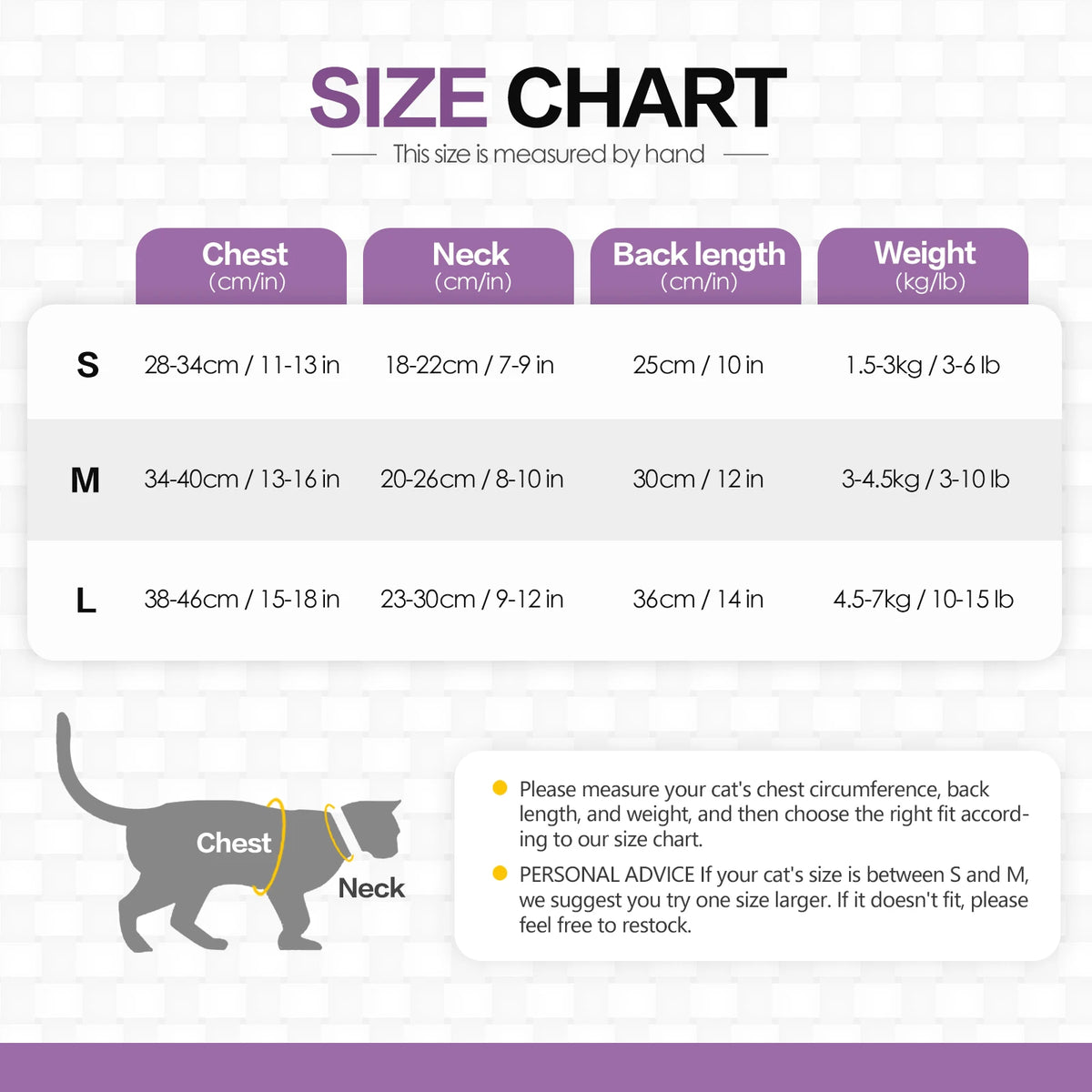 Size chart for a specialized recovery vest for cats showing measurements for sizes S, M, and L