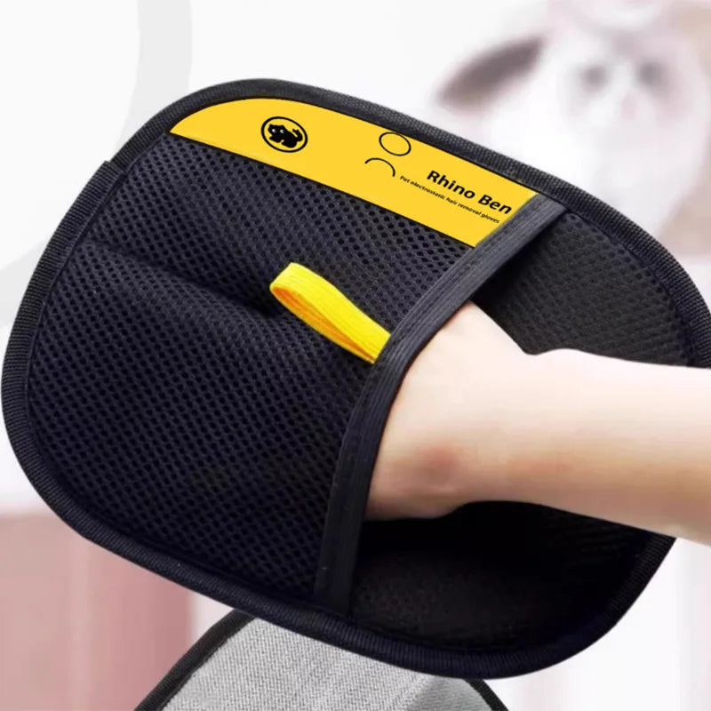 Black double-sided pet grooming gloves with a yellow grip and branding for hair removal