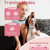 A dog is being trained using a pink no-prong collar with beep and vibration modes.