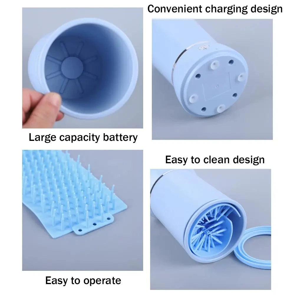 Various views of an automatic pet paw cleaner cup with convenient charging design, large capacity battery, easy to clean desi