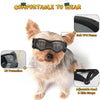 Ein kleiner Hund trägt schwarze, weiche TPU-Sonnenbrillen mit UV-Schutz und verstellbaren Kopf- und Kinnriemen.
