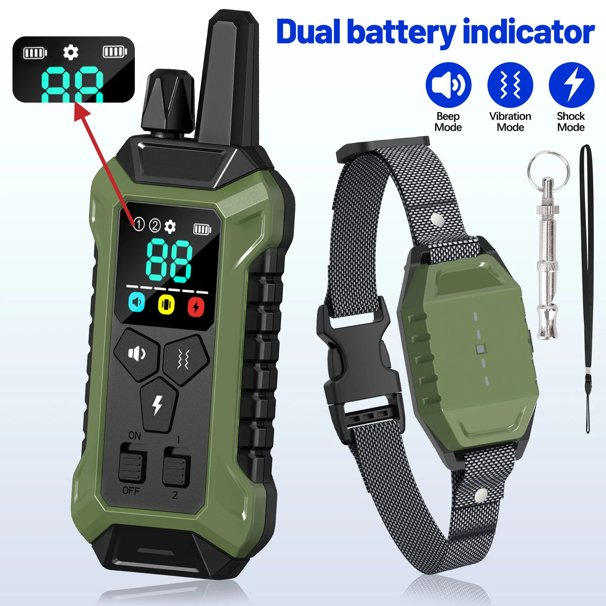Grilliger Fernbedienungs-Hundeschritt-Halter mit Dual-Batterie-Anzeige und verschiedenen Modi, neben dem tragbaren...