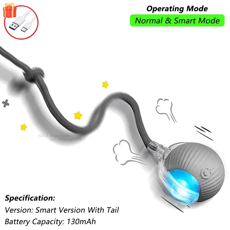 A black electric rolling cat toy with a flexible tail and blue light, shown in an operating mode context.