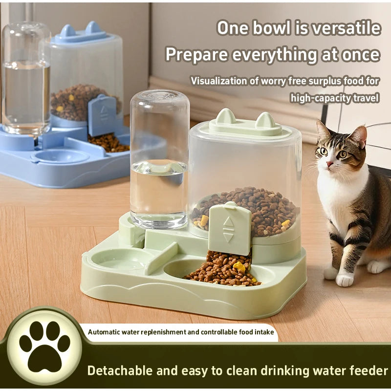 A light green 2-in-1 automatic pet water and food feeder is shown with water and dry food inside, next to a cat.
