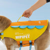 Un perro lleva un chaleco salvavidas amarillo brillante y naranja para nadar en verano.