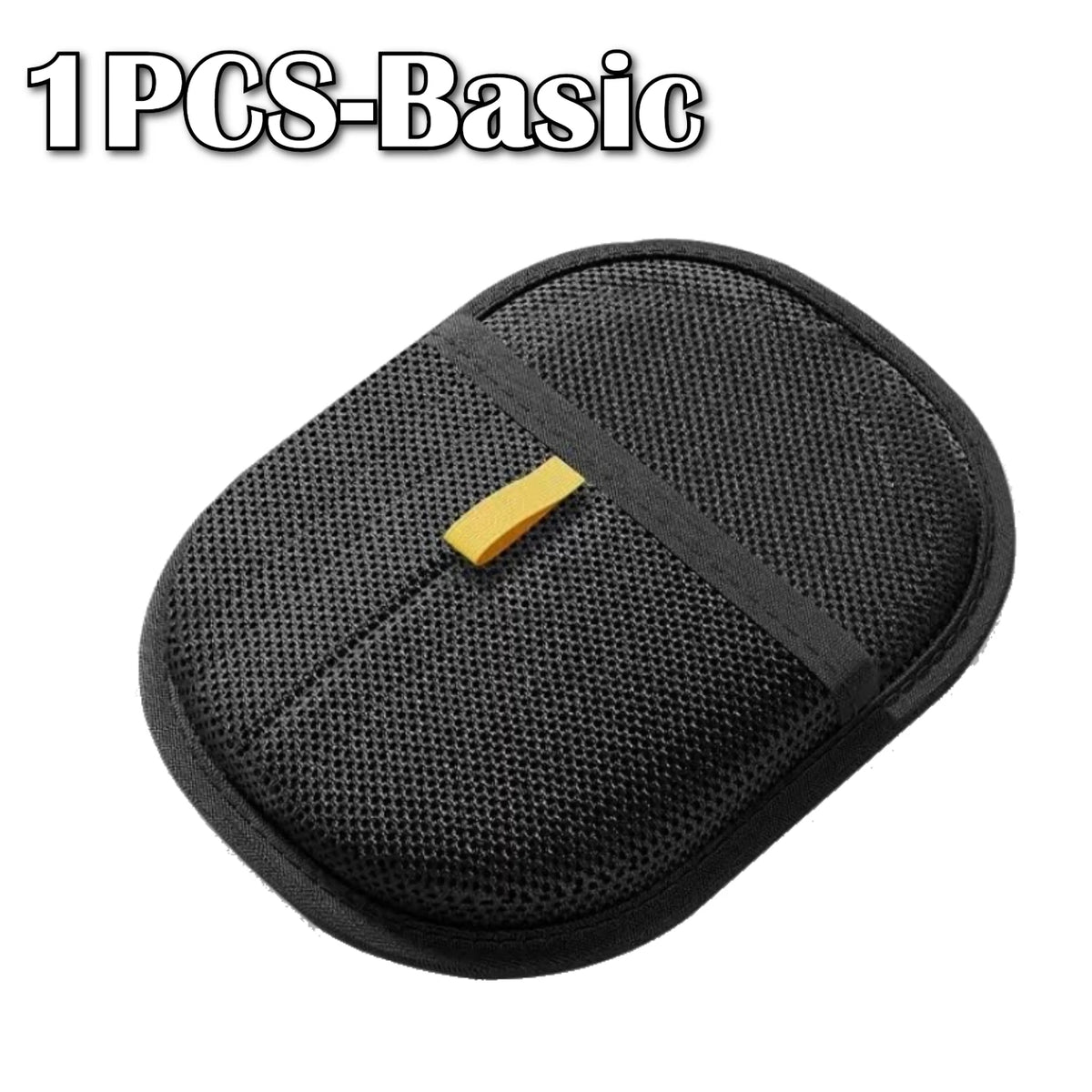 A black reusable electrostatic pet hair remover glove with a yellow accent.
