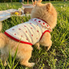 A light tan dog wearing a white vest with red ruffled strawberry prints and a red trim, standing in green grass.