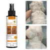 Botella de fragancia naranja natural para pelo de perro, mostrando resultados antes y después en el pelaje