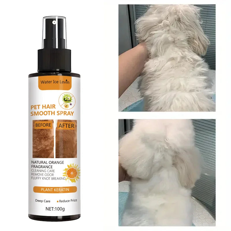 Botella de fragancia naranja natural para pelo de perro, mostrando resultados antes y después en el pelaje