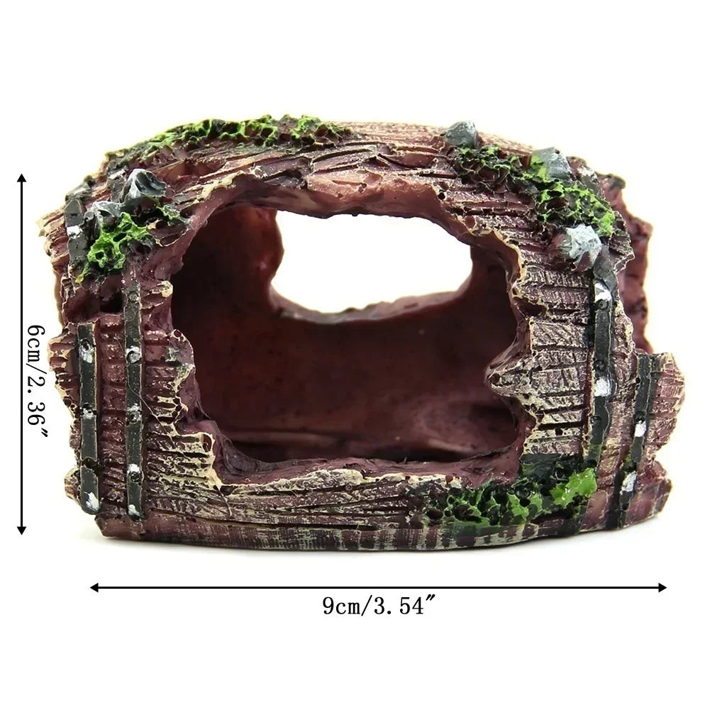 Resin broken barrel fish tank decoration with moss featuring textured brown wood-like material