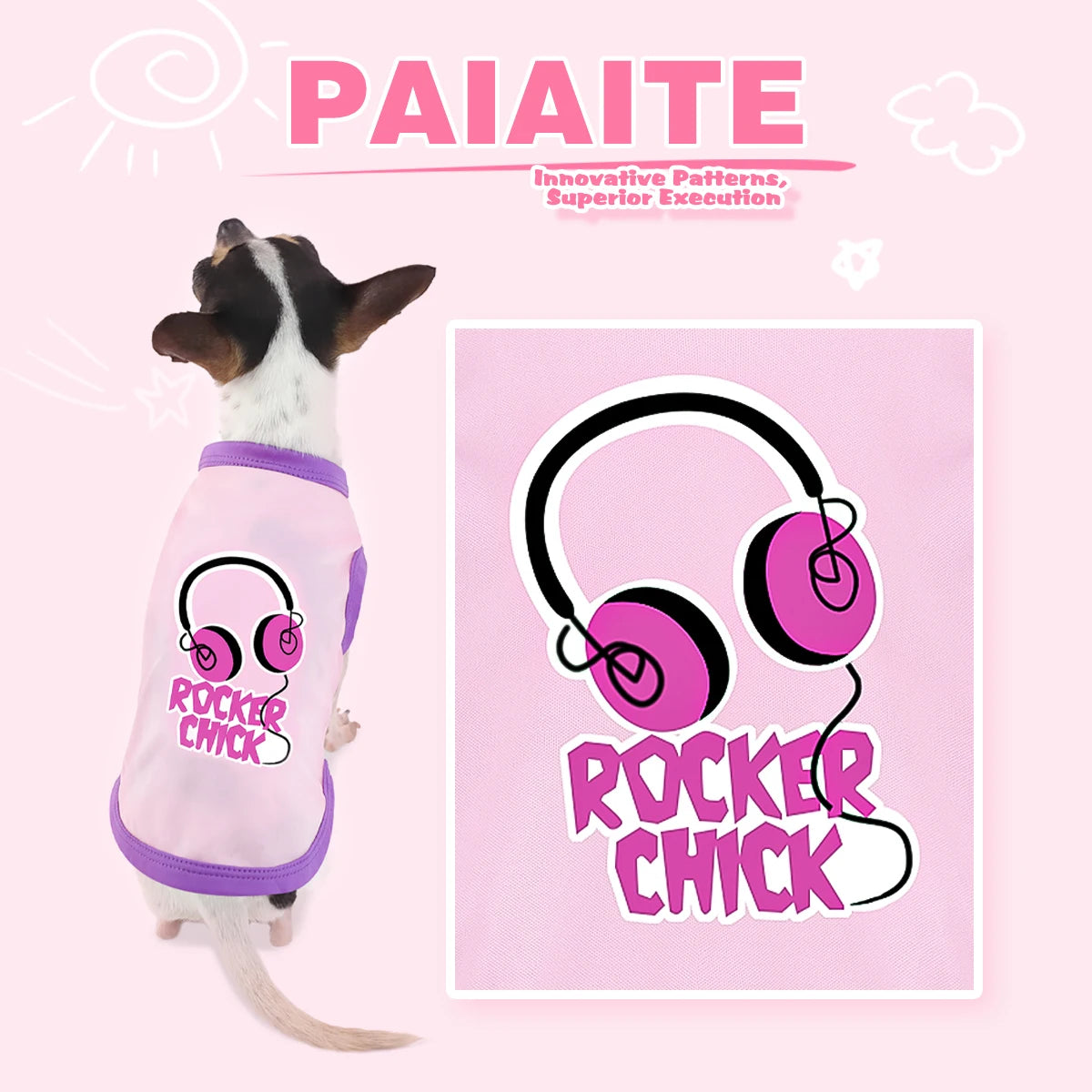 A pink dog shirt featuring a pink graphic of headphones and the text ROCKER CHICK