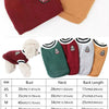 A set of classic V-neck knit vests for small dogs in maroon, olive green, and tan colors.