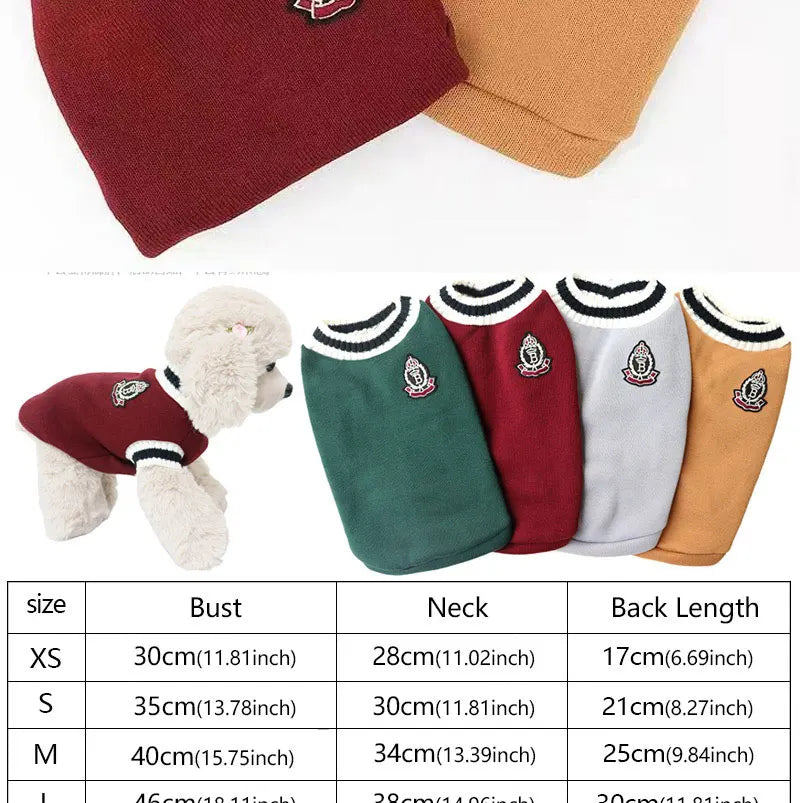 A set of classic V-neck knit vests for small dogs in maroon, olive green, and tan colors.