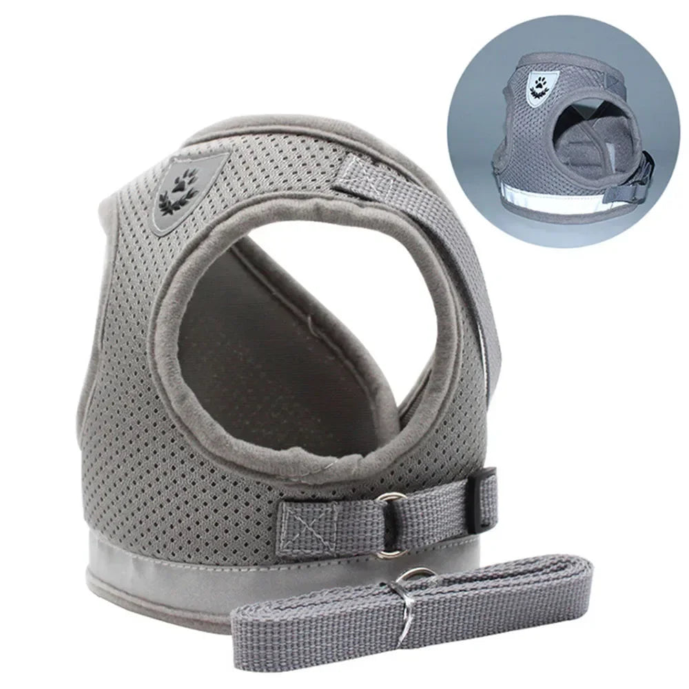 Gray adjustable reflective mesh harness for cats and small dogs with a leash.