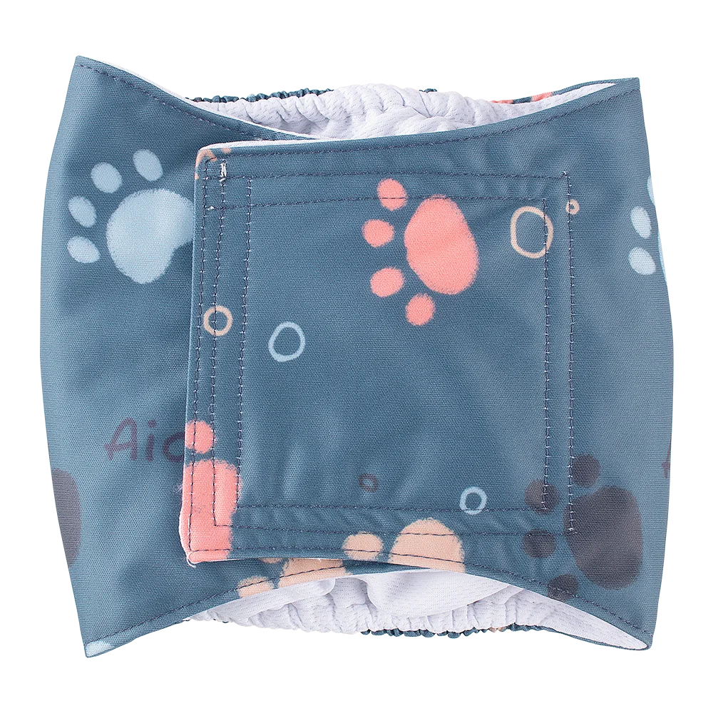 A blue washable belly band for a male dog with paw print designs.