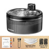 Black pet water dispenser featuring a stainless steel fountain and activated carbon filter elements.