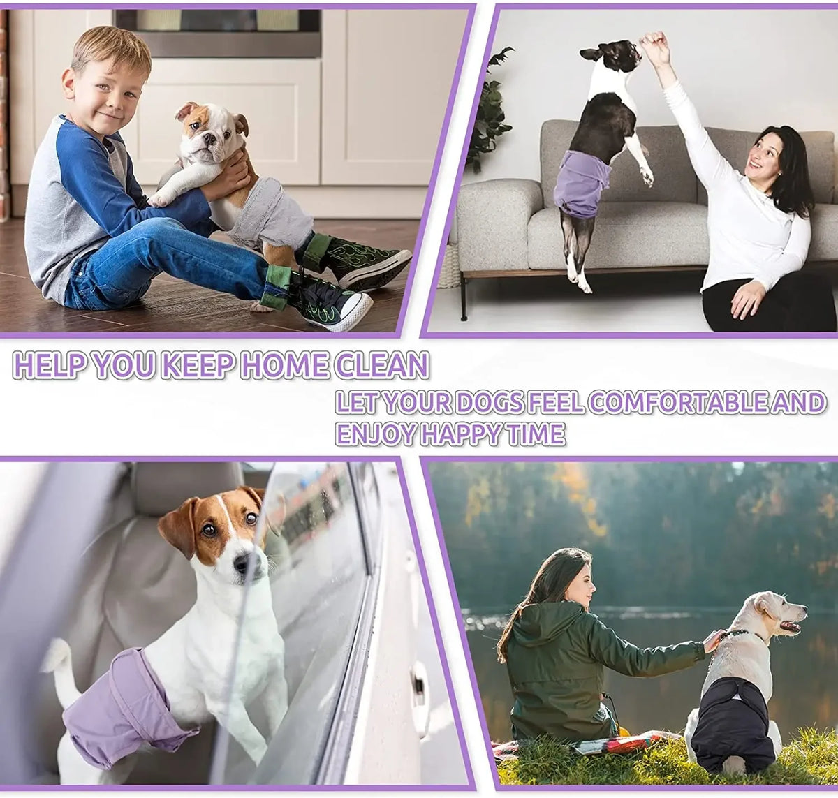 A woman is shown helping a dog, while a child is also pictured in the context of reusable female dog diapers.