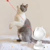 A gray and white cat looks up at an automatic laser toy device on a white surface.
