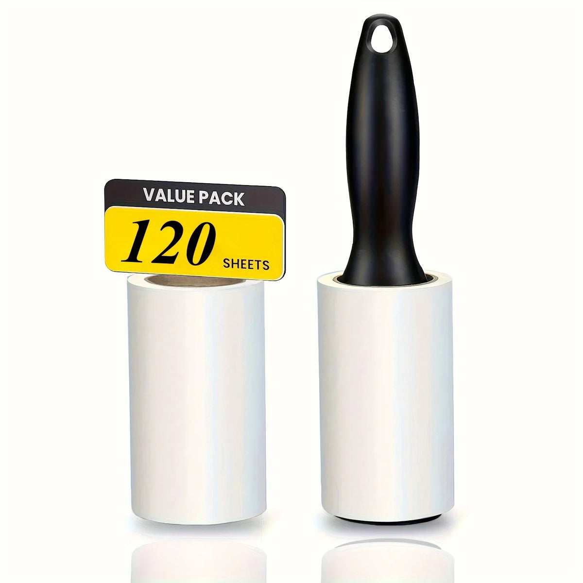 Rodillo reutilizable anti-pelusas con mango negro y cuerpo plateado, empaquetado en paquete de 120 hojas.