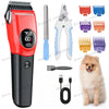 A red and black professional pet hair clipper with various attachments and a small dog.