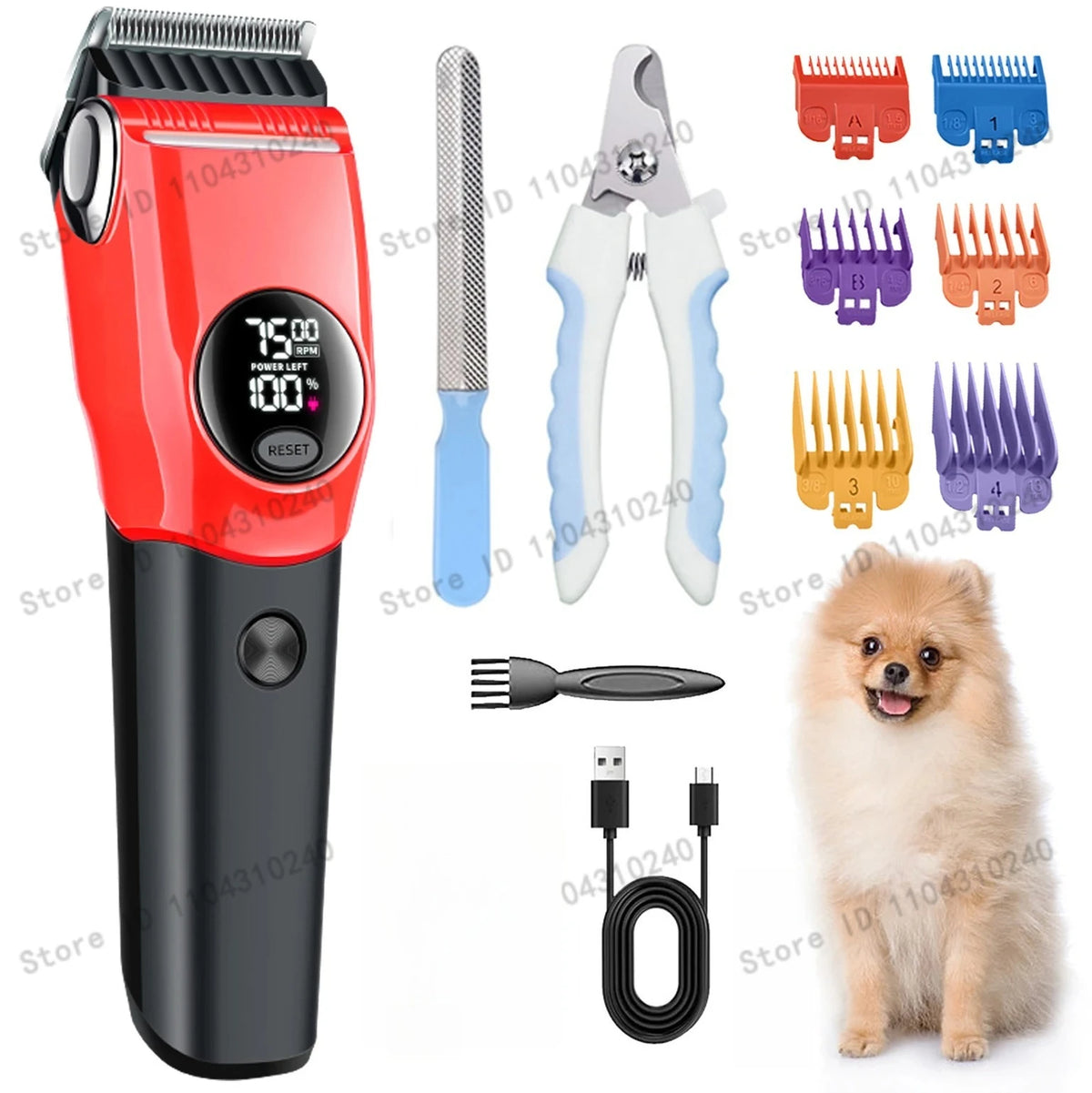 A red and black professional pet hair clipper with various attachments and a small dog.