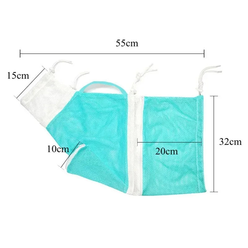 A rectangular reusable mesh bag for cat grooming or bathing, shown flat with dimensions.